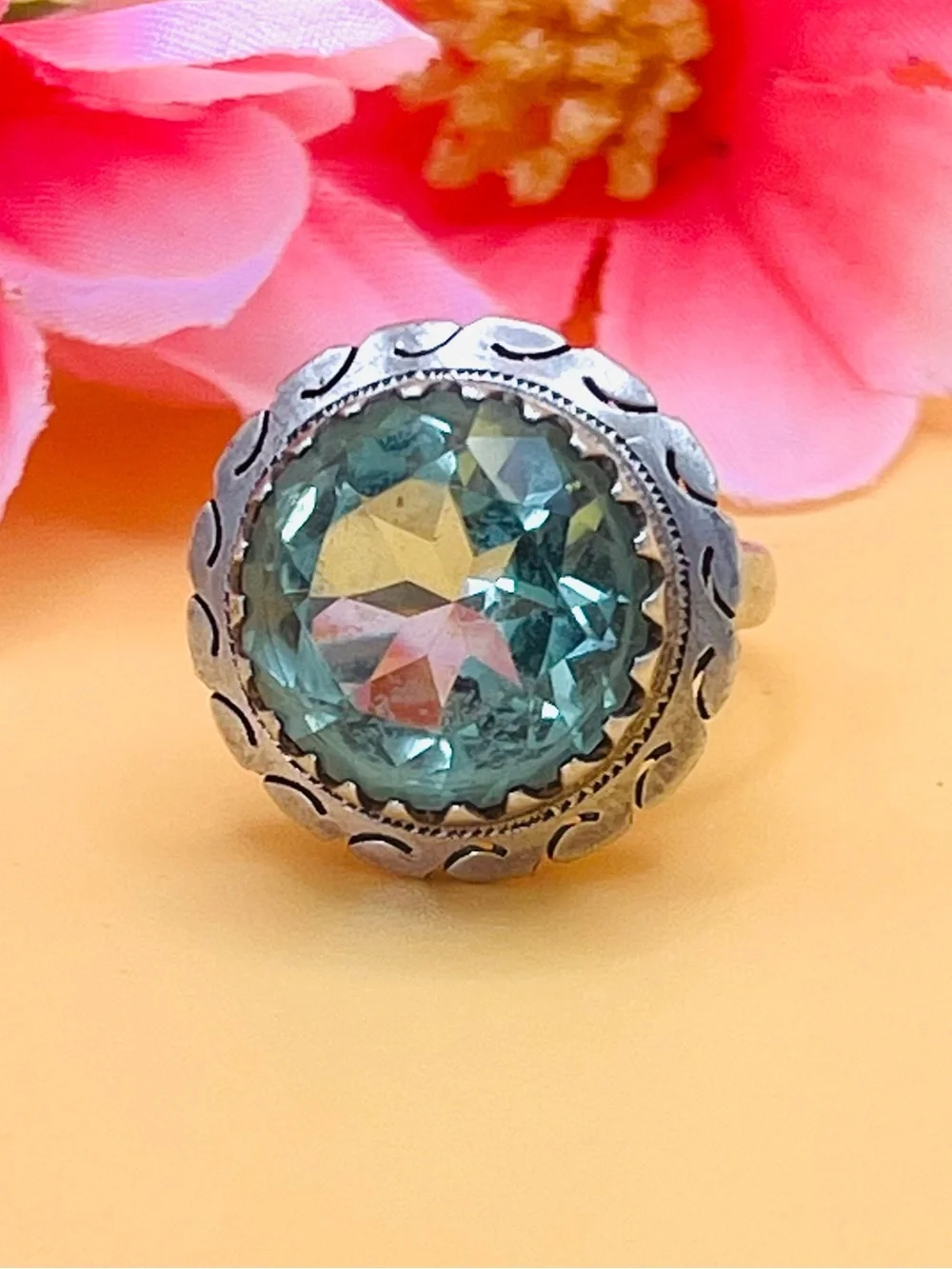 Silver  .925 Aquamarine CZ Cocktail Ring SIZE 6